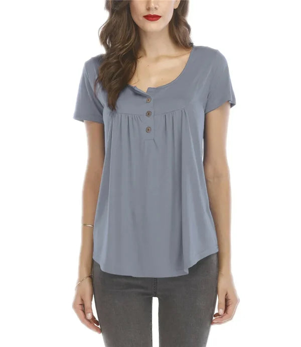 Women's pleated button loose short-sleeved T-shirt