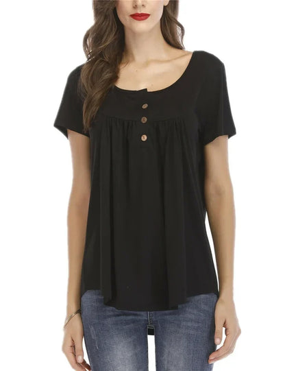 Women's pleated button loose short-sleeved T-shirt