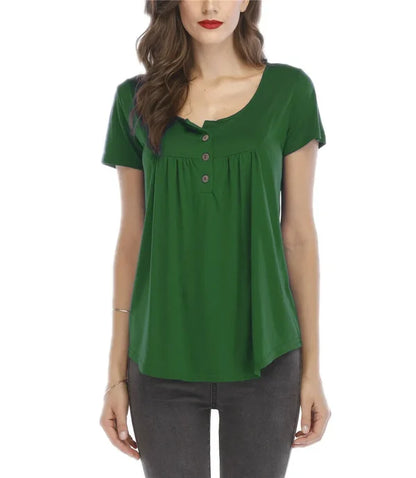 Women's pleated button loose short-sleeved T-shirt